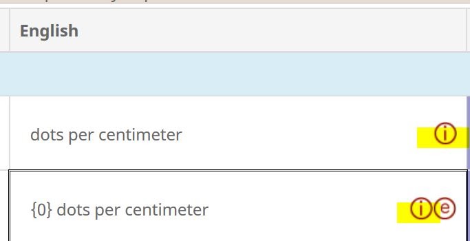 Example where both the information and example icons are visible in the English column for an item